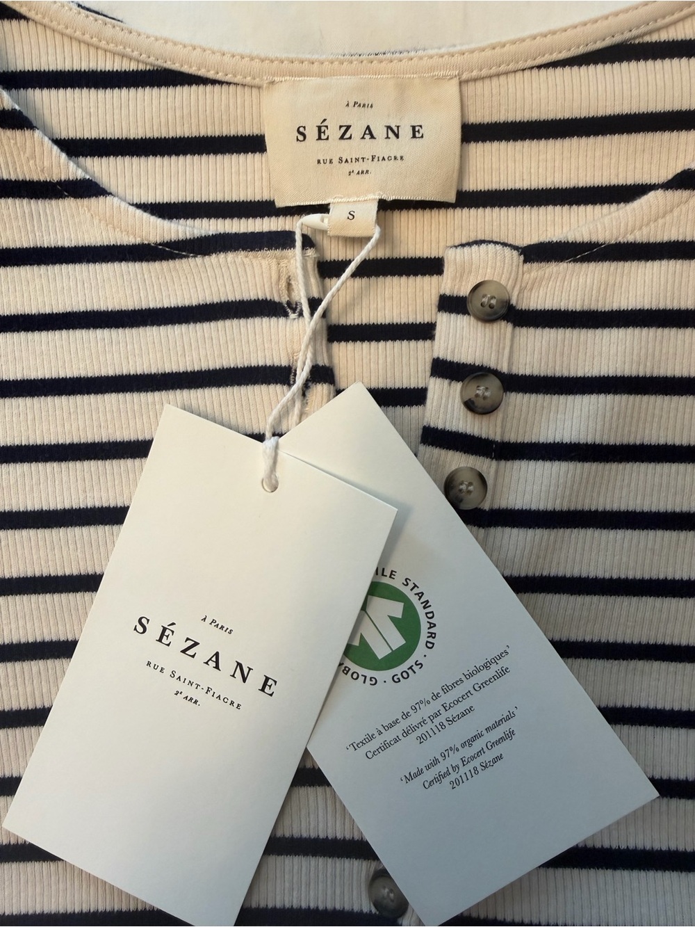 Sezane Theodora Striped Short-Sleeve Henley Top in Navy and Cream - Picture 3 of 3